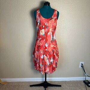 Signature Robbie Bee Sz 6 Flowy Tank MIDI dress ruffle skirt Orange Red Tie Back